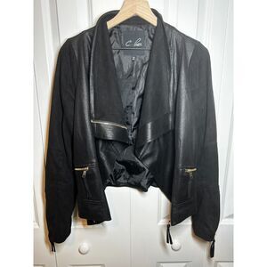 C. Luce Black Moto Jacket Draped Open Front Gold Zip Accents Size L